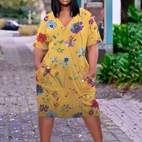 Sakmal Casual Summer Dresses for Women Floral with Pocket Yellow Oversized Short Sleeve Mid-Length Shift Dress