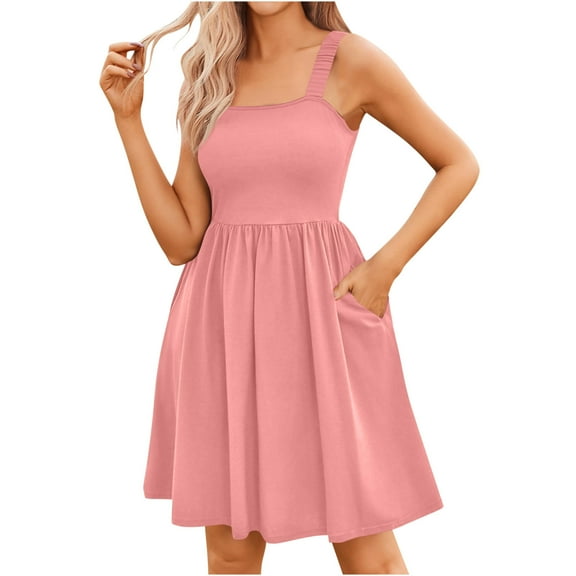 Sakmal Casual Summer Dresses for Women Pink Square Neckline Mid-Length Sleeveless Pleated Solid with Pocket A-Line Dress