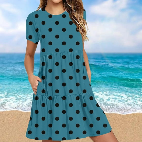 Sakmal Casual Summer Dresses for Women Polka Dot Loose Fit Basic Short Sleeve Comfort Fit Blue Long Sundress