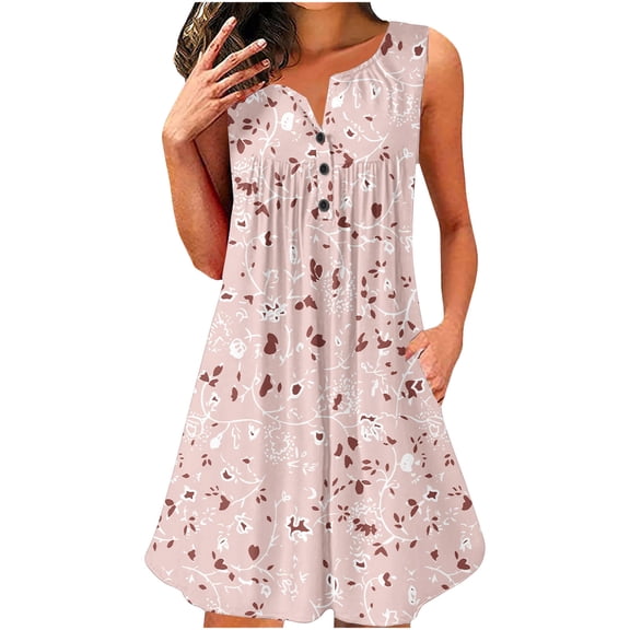 Sakmal Casual Sundresses for Women 2025 Beach Mini Pink Dress V Neck Sleeveless Floral Dresses