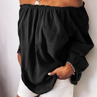 Sakmal Casual Tops for Women Black Long Sleeve Off-The-Shoulder Solid Cotton and Linen Halter Blouses Ladies Shirts Clearance