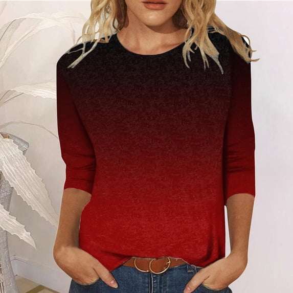 Sakmal Casual Tops for Women Long Sleeve Red Gradient Crew Neck T-Shirts Shirts for Women