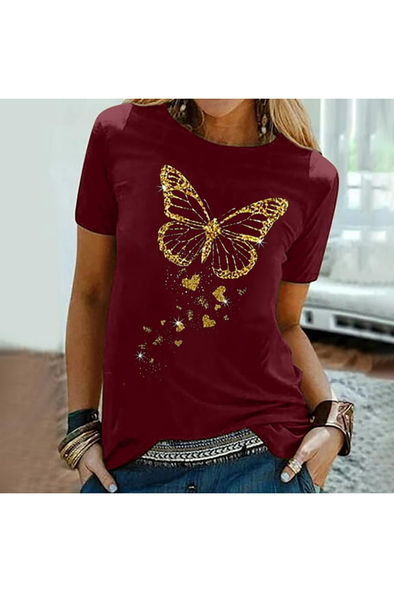 Casual Tops for Women Short Sleeve Graphic Butterfly Crew Neck T-Shirts Ladies Shirts