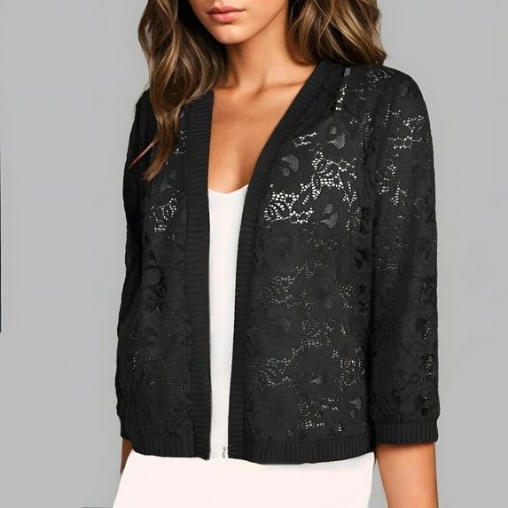 Sakmal Casual Women Coats Under 25.00 Black Lightweight Elbow-Length Lace Patchwork Solid Jackets for Women Plus Size