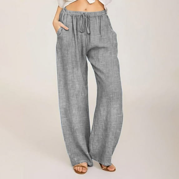 Sakmal Casual Womens Pants Relaxed Fit Cotton Linen Chinos Wide Leg Full Length Striped Gray High Waisted Pants