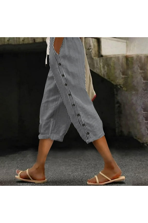 Casual Womens Pants Straight Leg Chinos Summer Capris Striped Gray High Waisted 7/8th Pants with Pockets