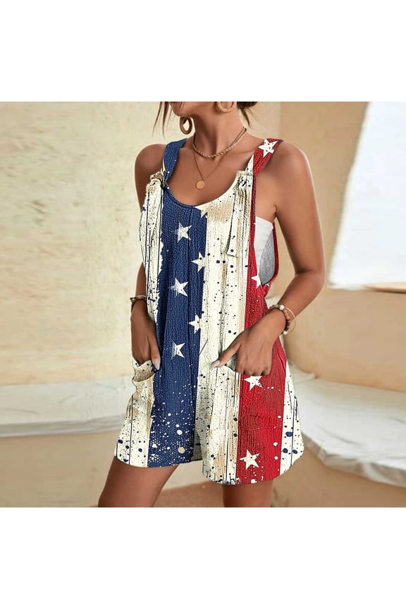 Celebration Rompers for Women 2025 4Th of July Sleeveless Square Neck Short Jumpsuits Usa Stars Stripes Rompers