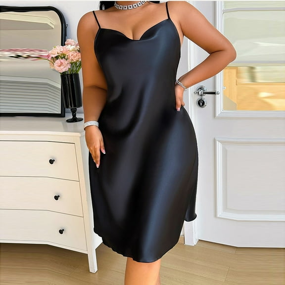 Sakmal Chemises Pajama Dress for Women Plus Size Silky Sleep Dress Black Sleeveless Chemises