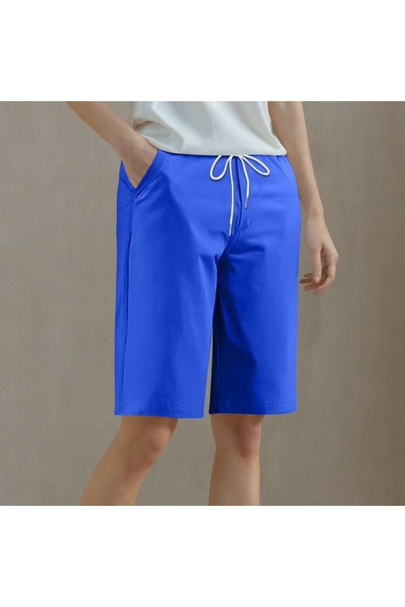 Blue Shorts Womens Bermuda High Waisted Chino Khaki Knee Length Straight Leg Dressy Shorts with Pockets