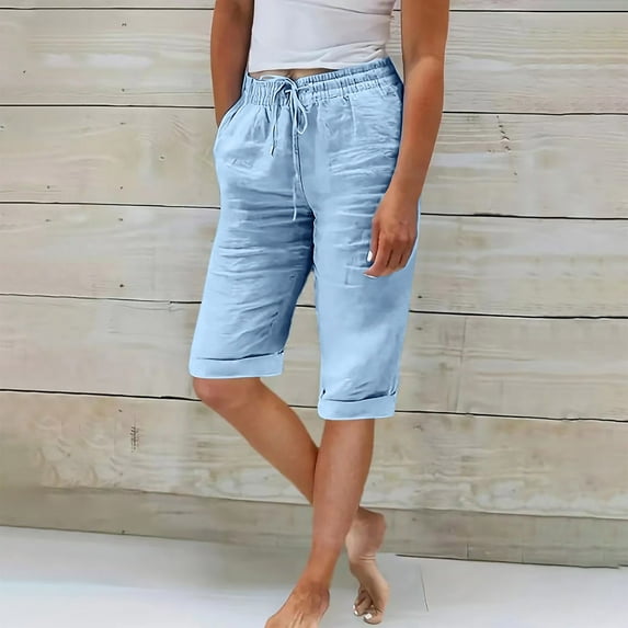Sakmal Chino Women Shorts Knee Length Bermuda Blue Straight Leg High Waisted 16" Shorts with Pockets