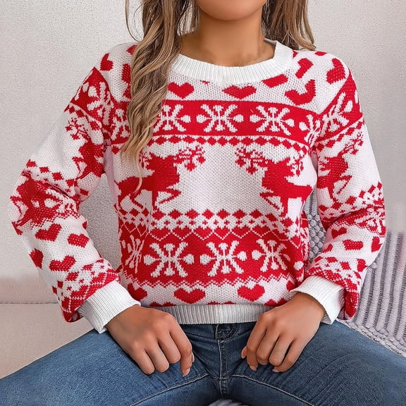 Sakmal Christmas Fall Sweaters for Women White Soft Pullover Tops Graphic Crew Neck Fashion Sweaters for Women