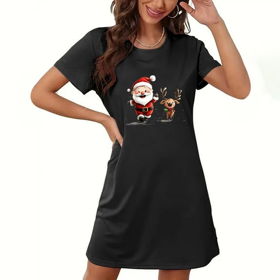 Sakmal Christmas Moomoo Nightgowns for Women Plus Size Cute Soft Black House Dress Crew Neck Santa Claus Print Short Sleeve Short Nightgowns S-2XL
