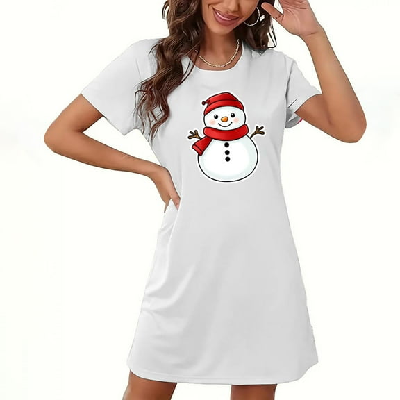 Sakmal Christmas Night dress for Women Soft Oversized White Comfy Moomoo Dress Short Sleeve Crew Neck Snowmen Print Short Nightgowns S-2XL