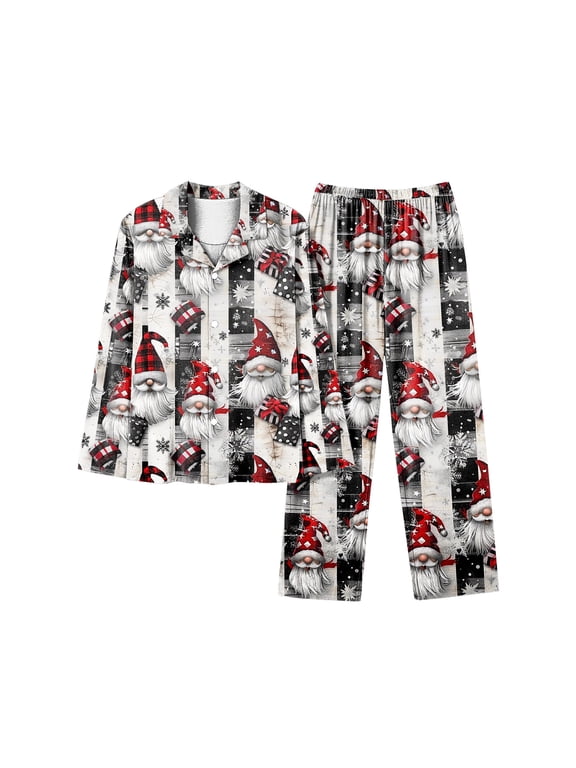 Christmas Pajamas for Women Set Santa Claus Plus Size Pants and Shirt Pj Set Collared Long Sleeve Pajamas for Women