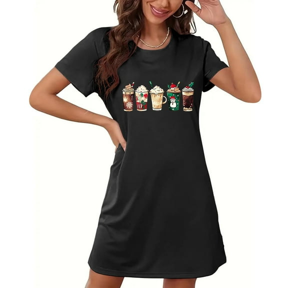 Sakmal Christmas Sleepwear for Women Loose Breathable Soft Black Mumu Dress Graphic Short Short Sleeve Crew Neck Nightgowns S-2XL