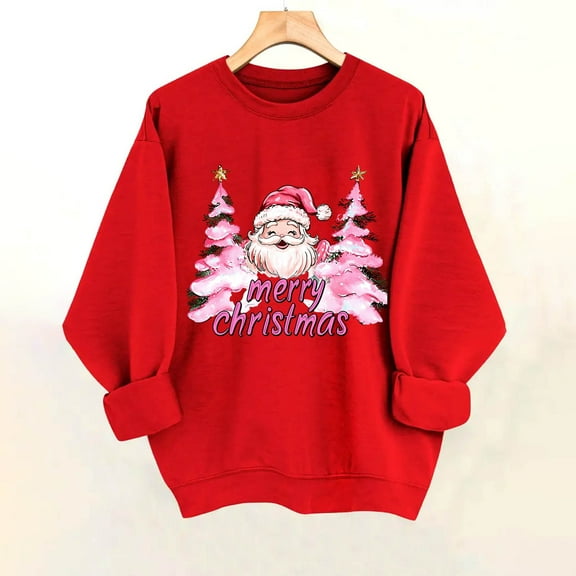 Sakmal Christmas Sweatshirts Women Crew Neck Red Tops Trendy Santa Claus Sweatshirt for Women