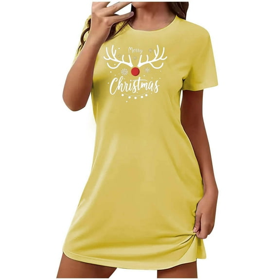 Sakmal Christmas Womens Nightgown Yellow Short Comfy Nightwear Short Sleeve Letter Print Nightgowns for Women