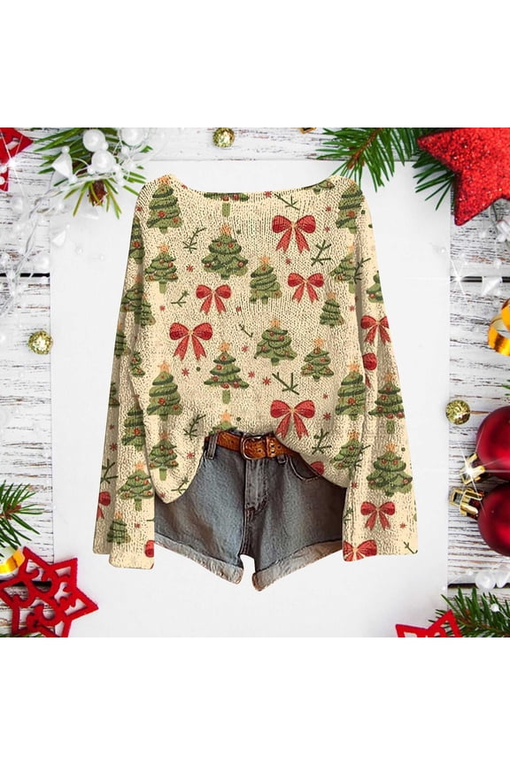 Christmas Womens Winter Sweaters Ugly Cozy Cotton Streetwear Crew Neck Christmas Trees Print Sweaters for Women S