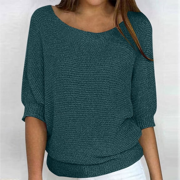 Sakmal Chunky Sweaters for Women 2025 Pullover Oversized Lightweight Blue Tops Solid Crew Neck Trendy Short Sleeve Sweaters for Women