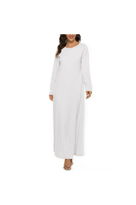 Church Womens Dresses Modest Maxi White Shift Dress Long Sleeve Crew Neck Solid Dresses
