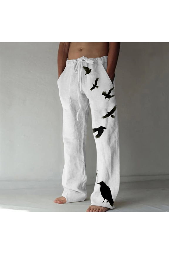 Pants for Men Khakis Full White Graphic Cotton Drawstring Linen Fashion Trousers for Mens