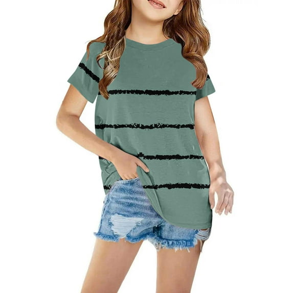 Sakmal Clothes For Children Daily Life Green Striped Crew Neck Short Sleeve 1-8y Tee For Kids