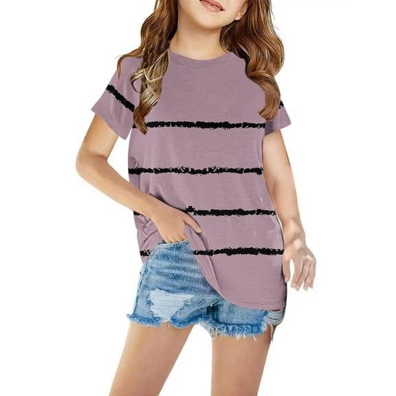 Sakmal Clothes For Kids Daily Life Pink Crew Neck Short Sleeve 1-8y Striped Vacation Outfits For Kids