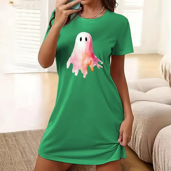 Sakmal Cloud-Like Moomoo Womens Nightgown Plus Size Cute Halloween Green Mumu Dress Short Short Sleeve Ghost Print Crew Neck Nightgowns S-2XL