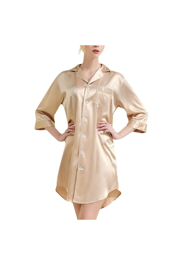 Cloud-Like Night dress for Women Breathable Silky Gold Button Down Sleep Dress Long Sleeve Solid Short Collared Nightshirts S-2XL