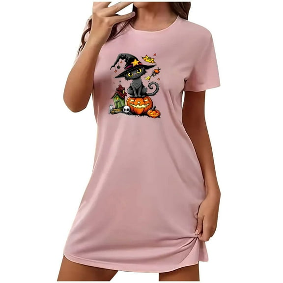 Sakmal Cloud-Like Nightgowns for Women Comfy Pink Halloween Loose Loungewear Crew Neck Black Cat Print Short Short Sleeve Nightgowns S-2XL