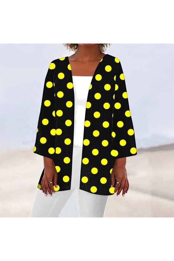 Coats for Women Plus Size Cover-Up Elbow-Length Yellow Lightweight Cardigan Loose Fit Comfy Polka Dot Jacket for Ladies