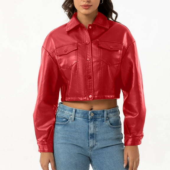 Sakmal Coats for Women Plus Size Red Long Sleeve Casual Solid Button Down Leather Jackets for Girls