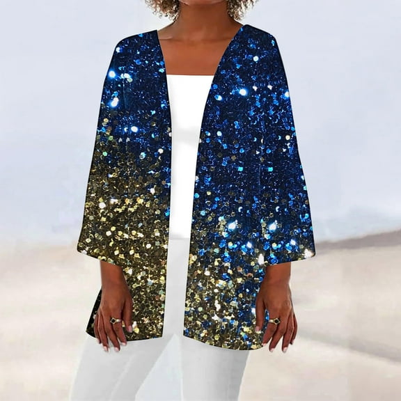 Sakmal Coats for Women Plus Size Cover-Up Elbow-Length Blue Glitter Loose Fit Flowy Cardigan Womens Jackets Plus Size