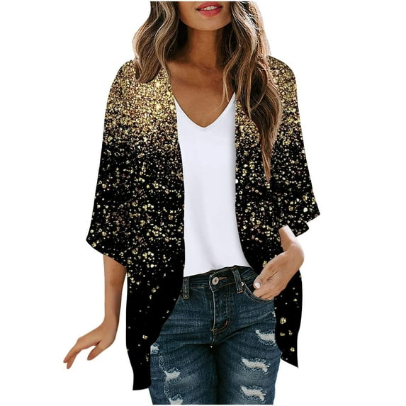 Sakmal Coats for Women Plus Size Gold Elbow-Length Lightweight Cover-Up Flowy Glitter Comfy Cardigan Chiffon Jackets for Girls