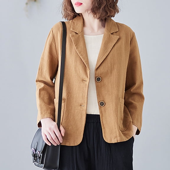 Sakmal Coats for Women Plus Size Long Sleeve Sleeve Yellow Casual Solid Cotton and Line Button Down Ladies Jackets