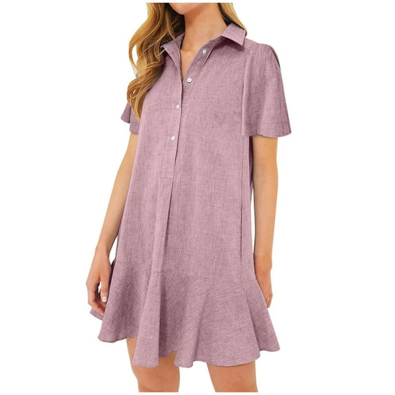 Sakmal Collared Casual Dresses for Women Mid-Length Pink Ruffle Solid Sleeveless Button Down with Pocket Shirt Dress