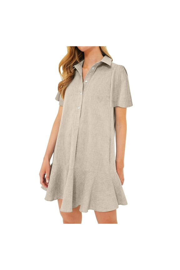 Collared Dresses for Women Elegant Mid-Length Beige Solid Button Down Sleeveless Ruffle with Pocket Shirt Dress