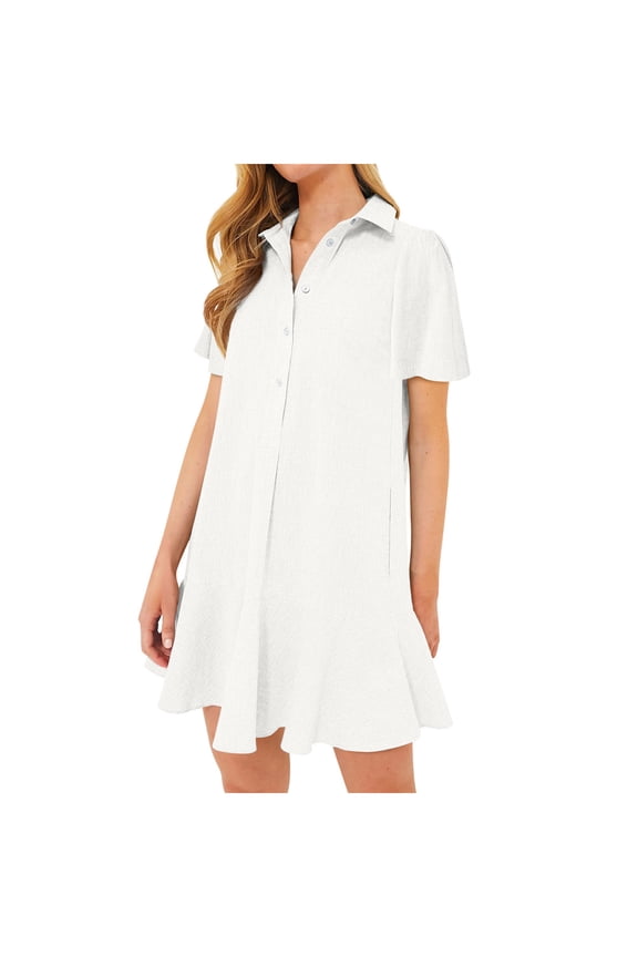 Collared Summer Dresses for Women 2024 Trendy White Mini Sleeveless Solid Ruffle Button Down Shift Dress