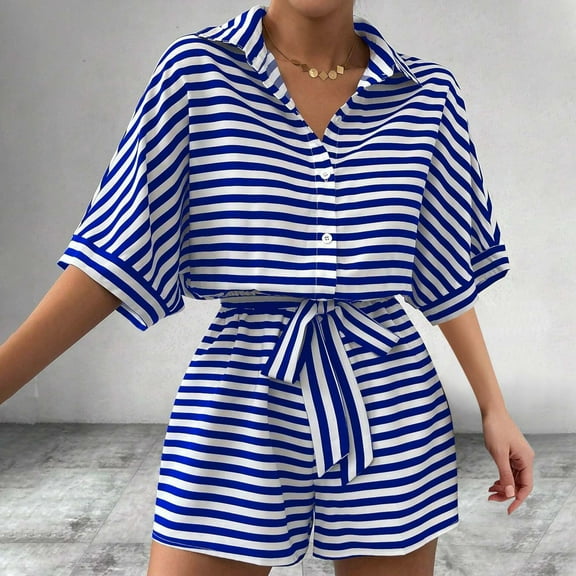 Sakmal Collared Womens Rompers Shirt Short Sleeve Dressy Blue Short Jumpsuits Striped Rompers with Belt