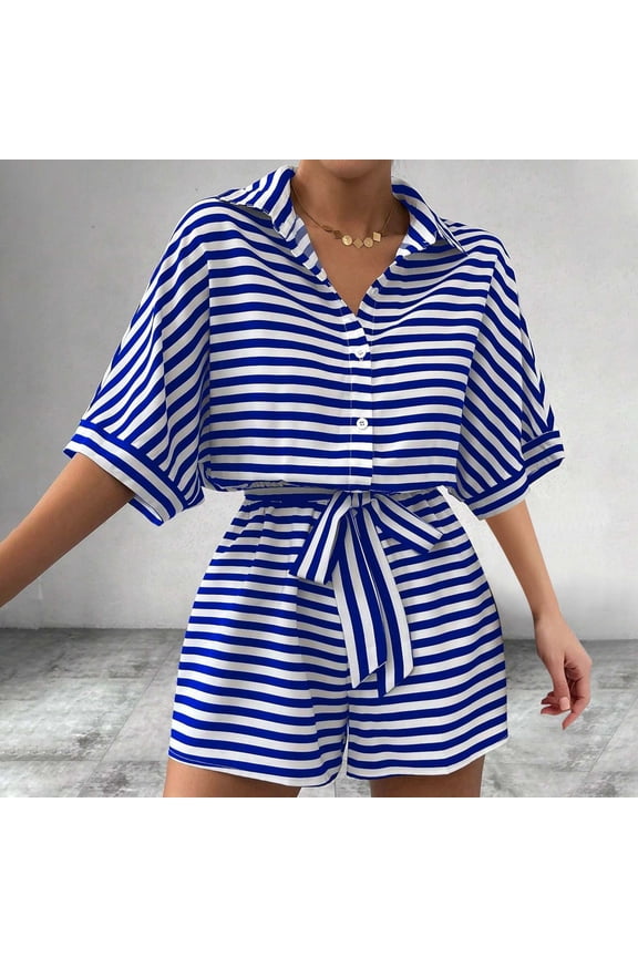 Collared Womens Rompers Shirt Short Sleeve Dressy Blue Short Jumpsuits Striped Rompers with Belt