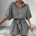 thumbnail image 1 of Sakmal Collared Womens Summer Rompers Short Sleeve Dressy Shirt Black Short Jumpsuits Striped Rompers with Belt, 1 of 5