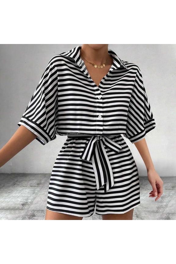 Collared Womens Summer Rompers Short Sleeve Dressy Shirt Black Short Jumpsuits Striped Rompers with Belt