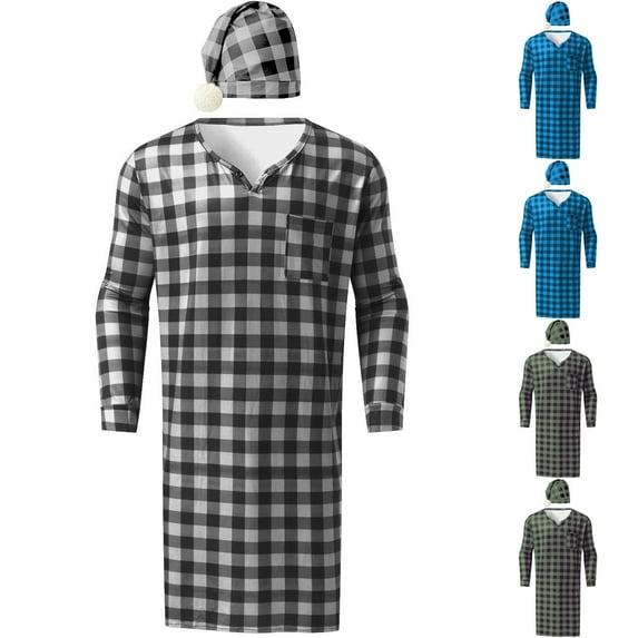 Sakmal Comfy Mens Moomoo Nightgowns Long Sleeve Sleep Dress Black V Neck Mens Nightgown with Hat