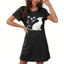 Sakmal Comfy Moo Moos for Women Nightgown Short Black Sleep Dress Cat Print Short Sleeve Nightgowns for Women
