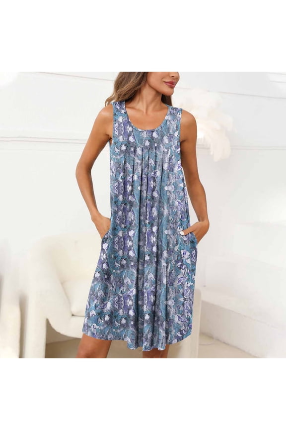 Comfy Moo Moos for Women Tank Nightgown Vintage Knee Length Blue Mumu Dress Sleeveless Floral Sleep Tanks with Pockets