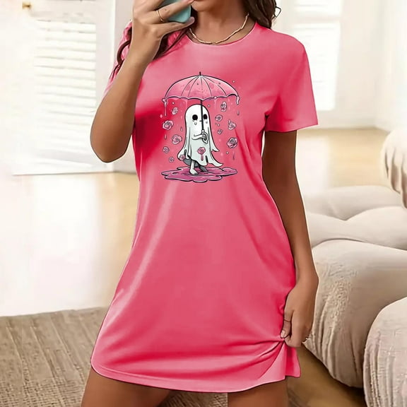 Sakmal Comfy Moomoo Womens Short Pink Spooky Season Sleepshirt Short Sleeve Ghost Print Nightgowns for Women