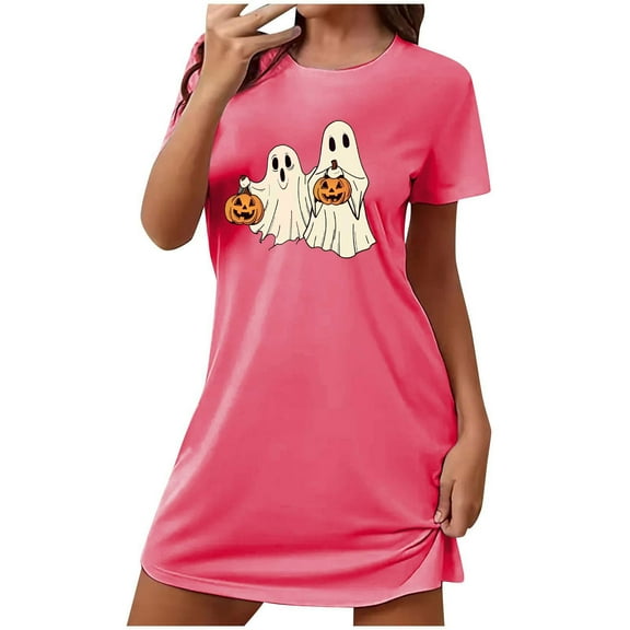 Sakmal Comfy Mumu Nightgowns for Women Pink Plus Size Soft Halloween Mumu Dress Short Sleeve Ghost Print Short Crew Neck Nightgowns S-2XL