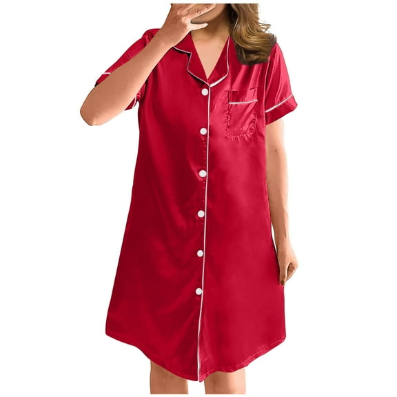 Sakmal Comfy Shirt Dresses for Women Leisure Midi Red Dress Short Sleeve Collared Solid Dresses