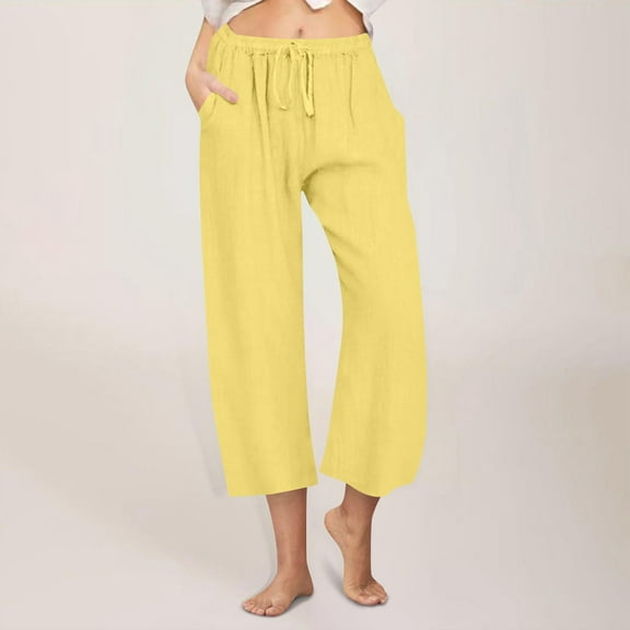 Sakmal Comfy Women's Pants Yellow Wide Leg Cotton Linen Leisure Drawstring High Waisted Solid Cropped Capris
