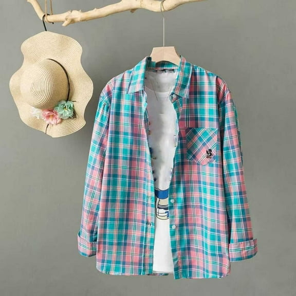 Sakmal Cotton Blouses for Women Royal Blue Button Down Fashion Shirts Plaid Long Sleeve Collared Blouses for Women